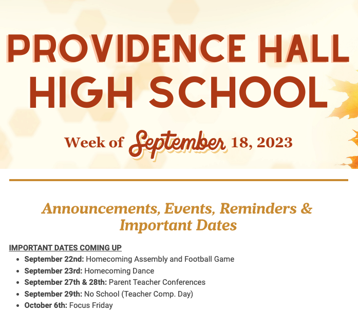 PHHS Newsletter: September 18-23 | Providence Hall High School